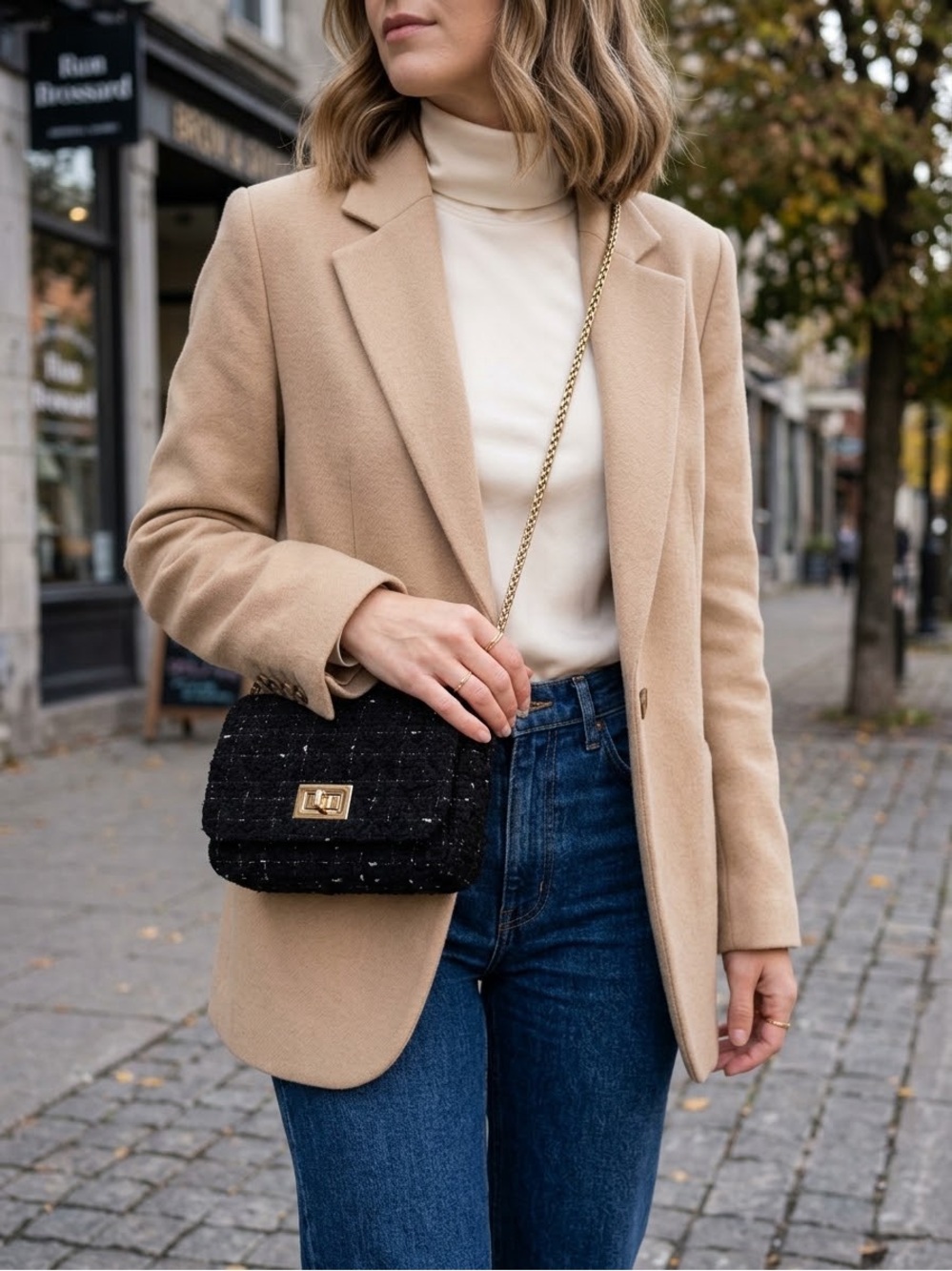 Black Tweed Chain Shoulder Bag with Gold Hardware